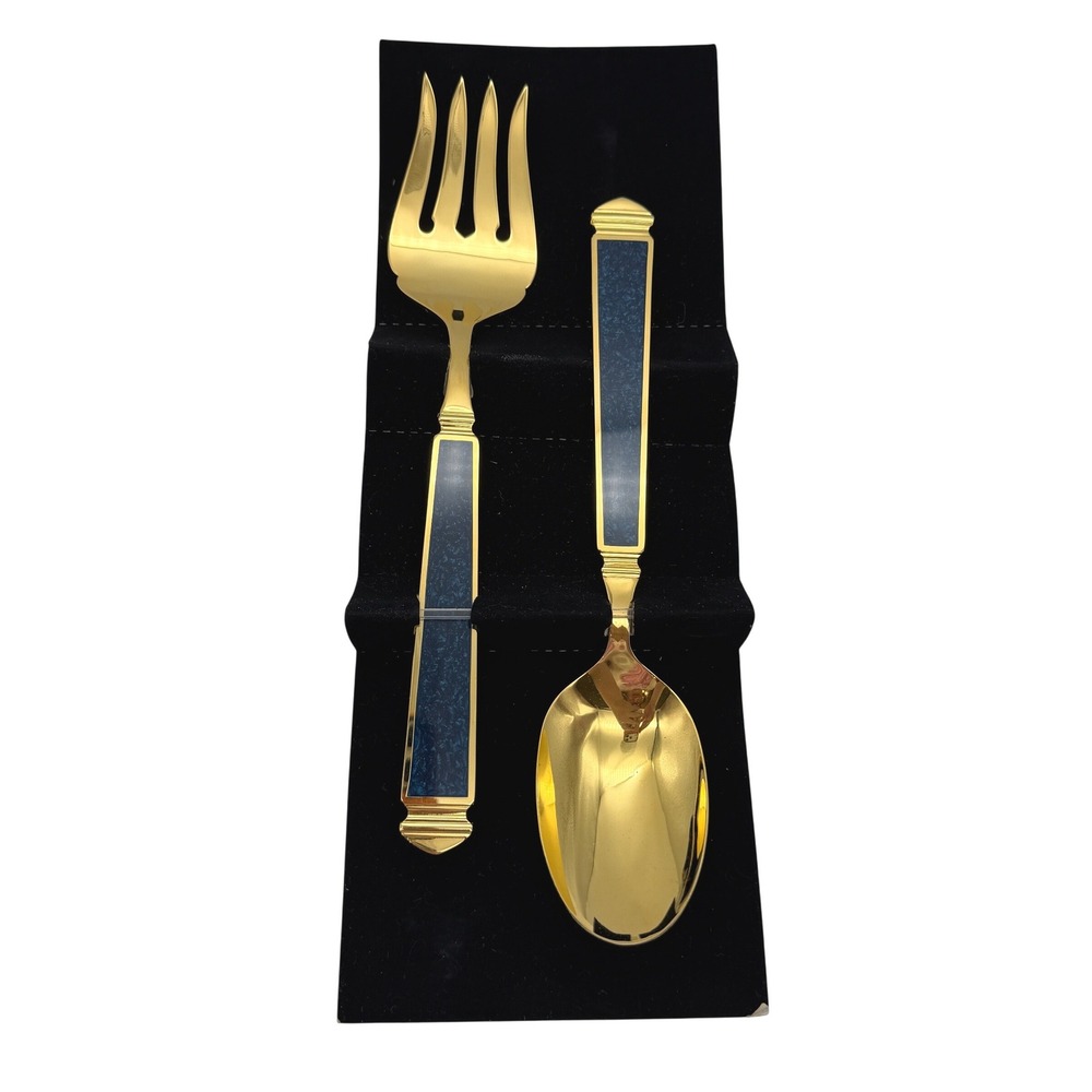 Yamazaki Krystallos Slate Blue Gold Electroplate Serving Fork and Spoon Set